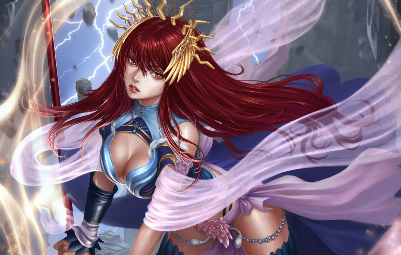 Photo wallpaper chest, look, girl, hair, anime, art, staff, red