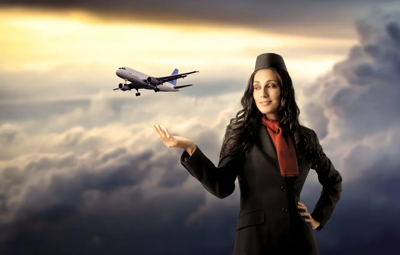 Photo wallpaper girl, clouds, flight, the plane, stewardess