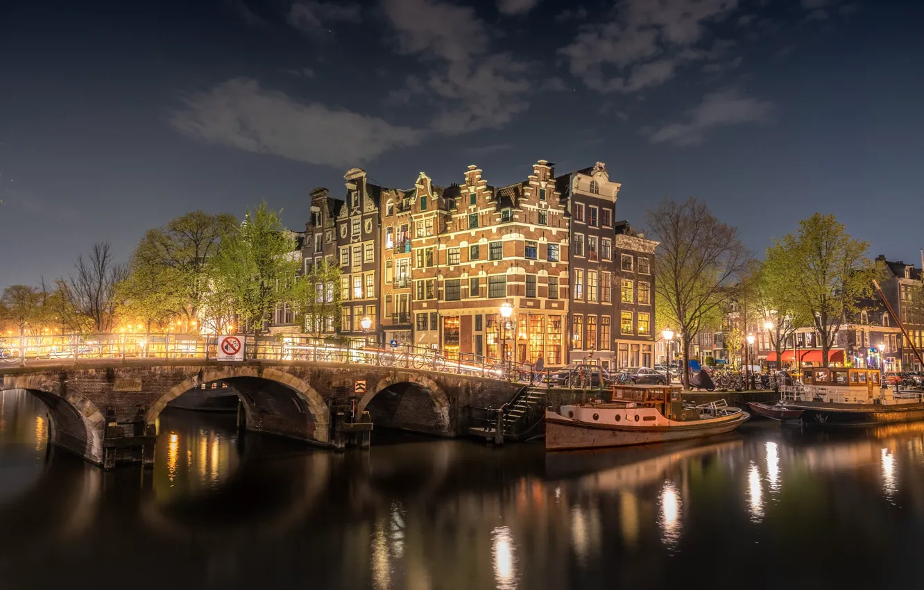 Photo wallpaper bridge, the city, the building, the evening, lighting, Amsterdam, channel, Netherlands
