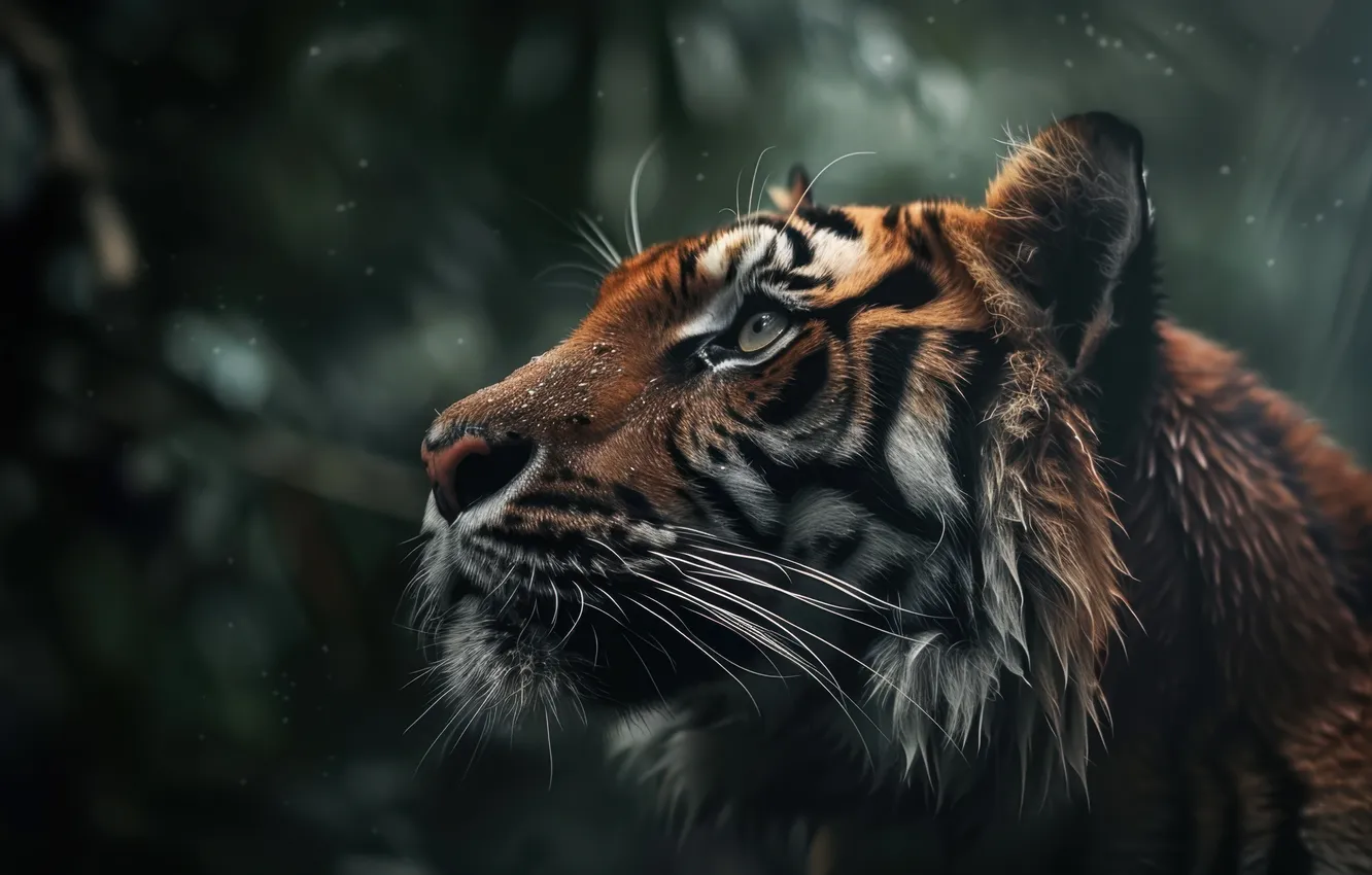 Photo wallpaper look, face, drops, nature, tiger, wet, the dark background, rain