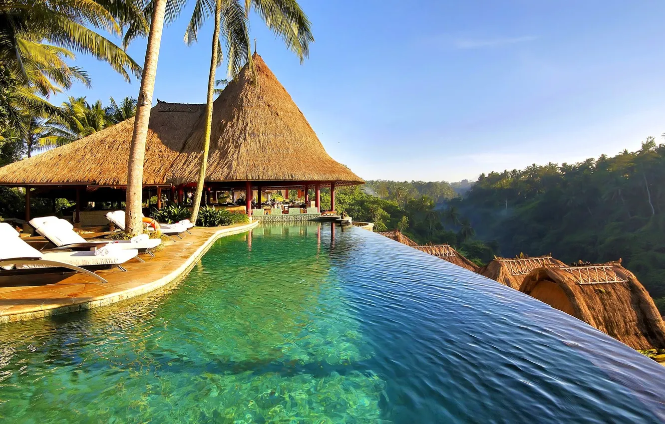 Photo wallpaper water, mountains, palm trees, home, pool, Bali, Indonesia, resort