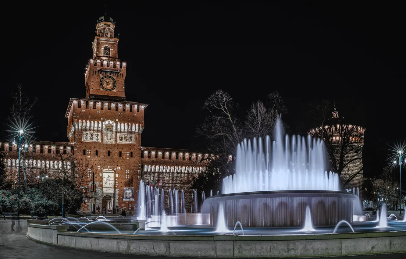 Photo wallpaper night, the city, tower, backlight, lights, Italy, fountain, Milan