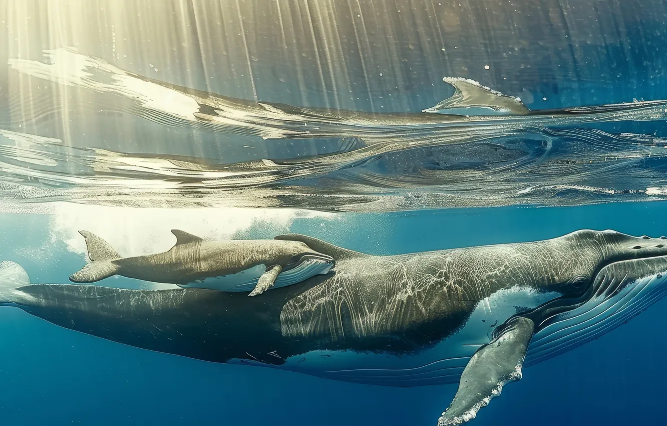 Photo wallpaper kit, cub, two, underwater world, digital art, AI art, The Art of Artificial Intelligence, neural …