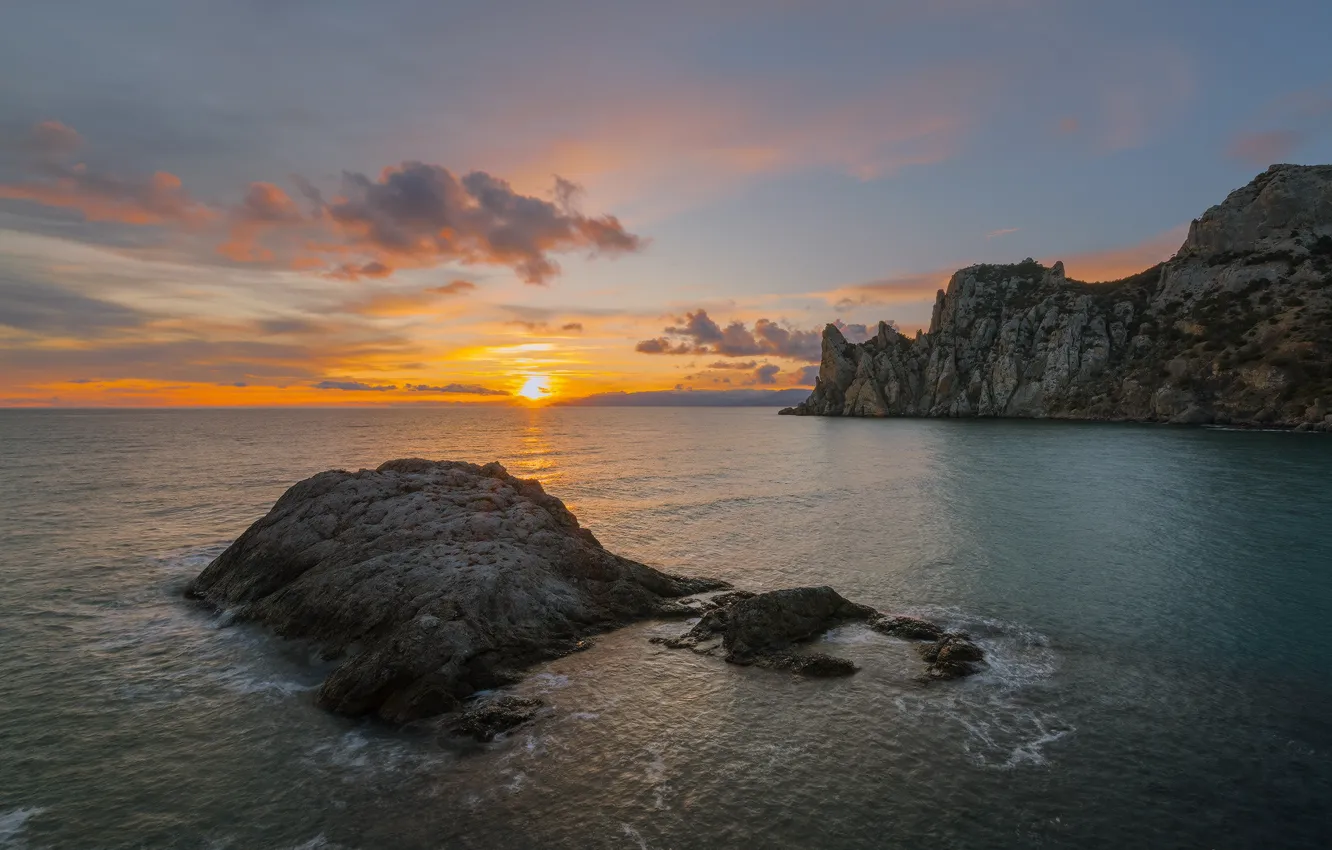 Photo wallpaper winter, sea, landscape, sunset, nature, rocks, the evening, Crimea