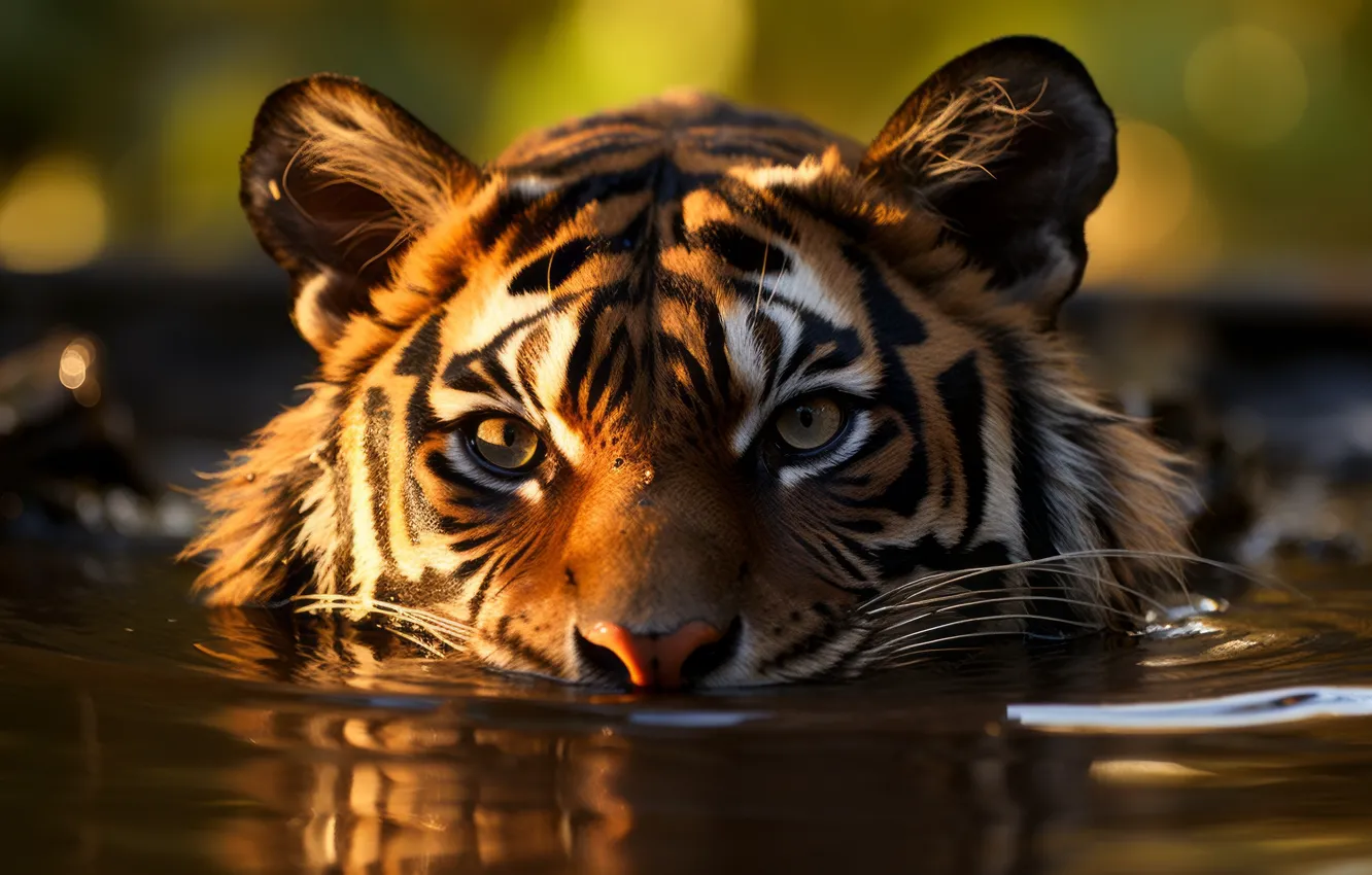 Photo wallpaper animals, sunset, tiger, water, digital art, swimming, closeup, in water