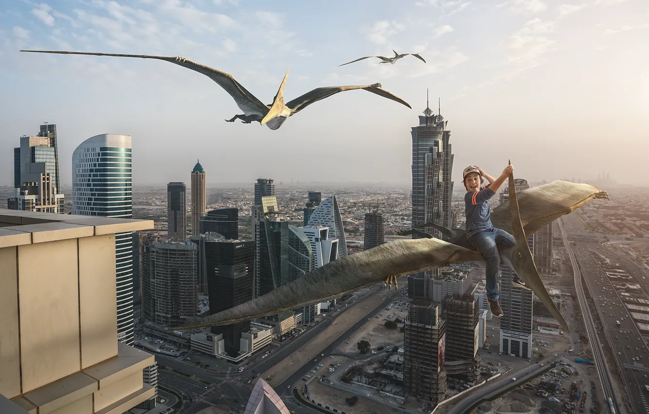Photo wallpaper flight, children, the city, boy, Dubai, pterodactyl, top