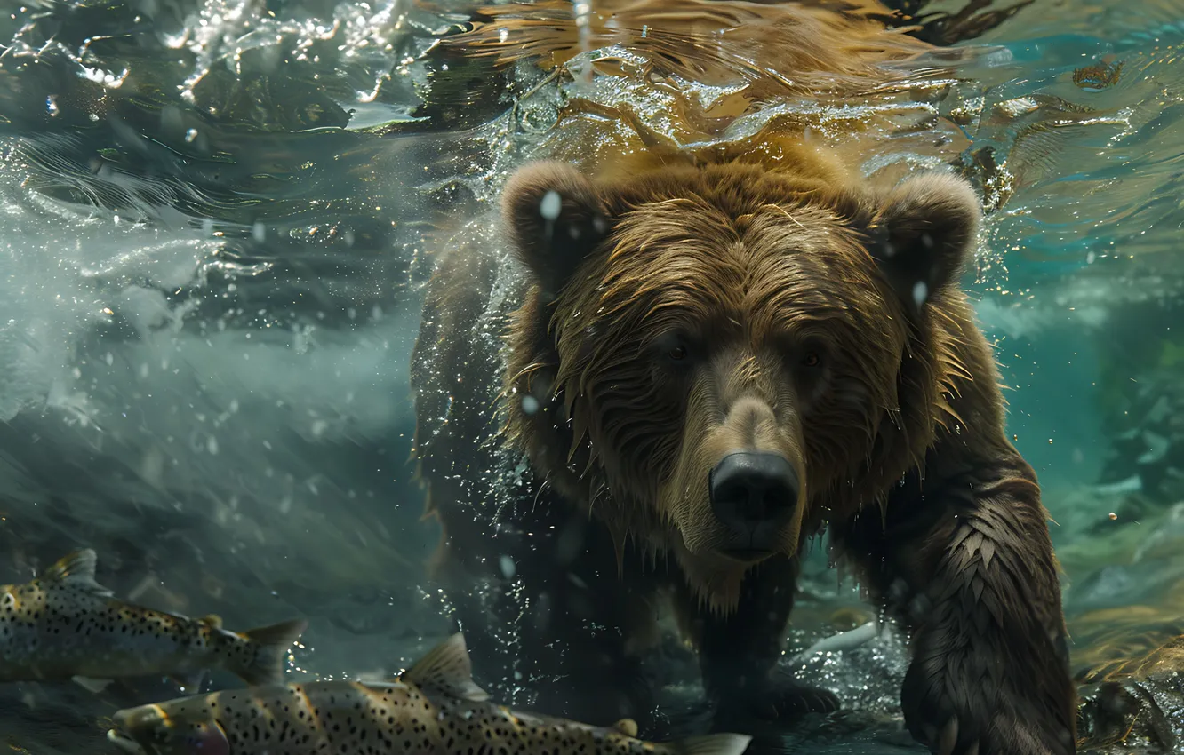 Photo wallpaper face, water, predator, bear, brown bear, digital art, AI art, The Art of Artificial Intelligence