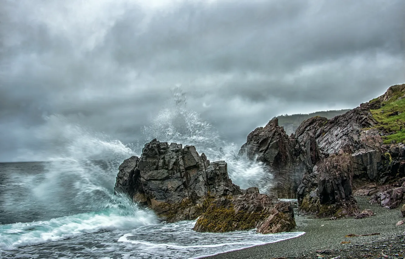 Photo wallpaper sea, water, squirt, the ocean, rocks, wave