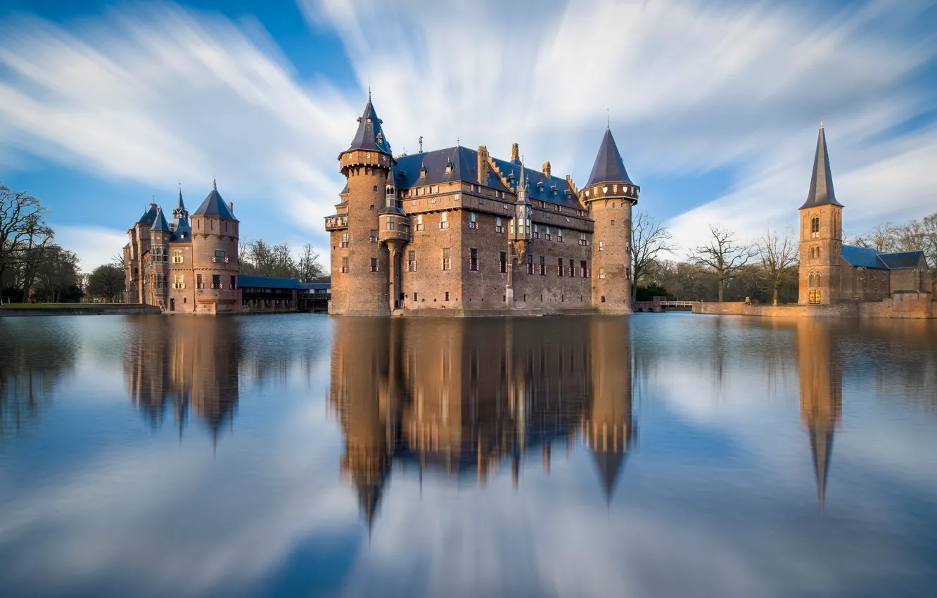 Photo wallpaper the sky, clouds, the city, reflection, river, castle, Netherlands, De Haar