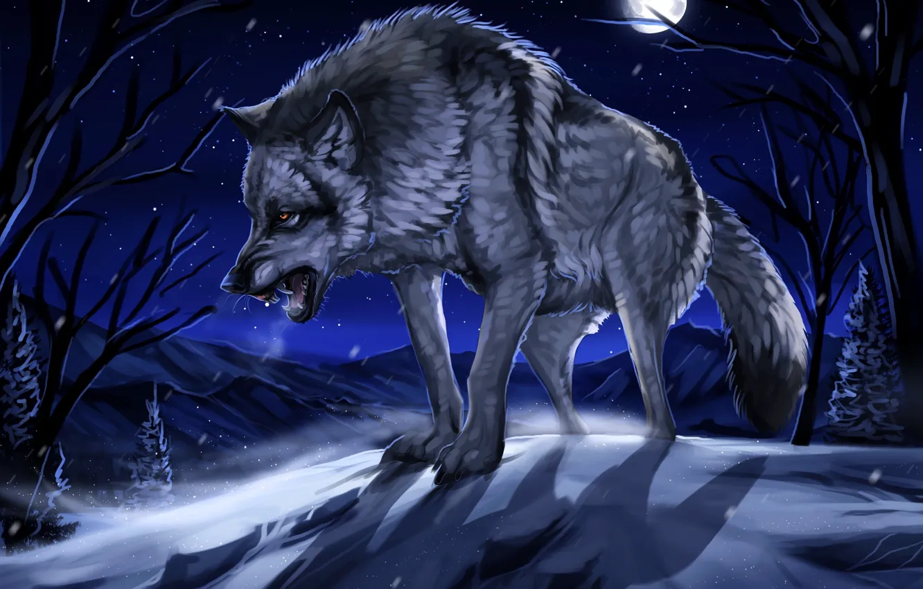 Photo wallpaper winter, forest, snow, night, the moon, figure, wolf, art