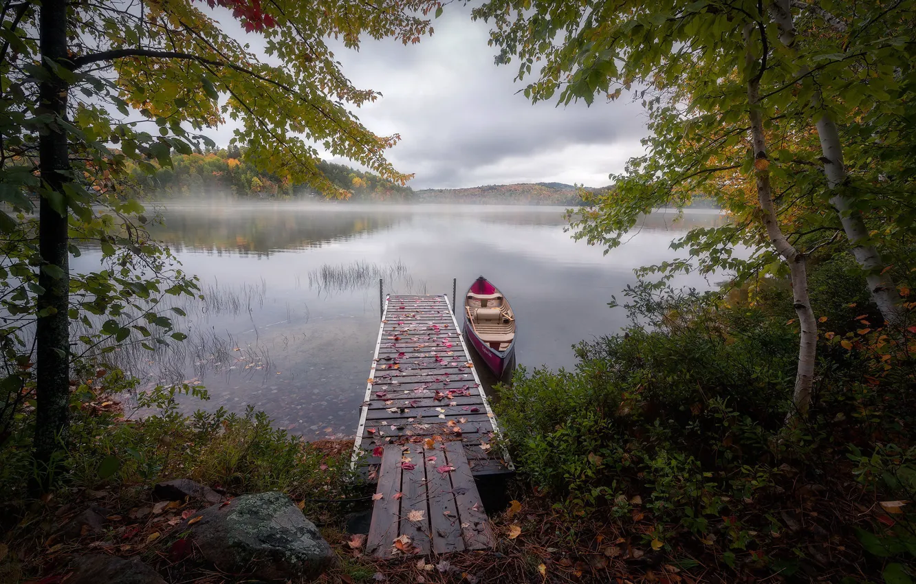 Photo wallpaper bridge, lake, boat