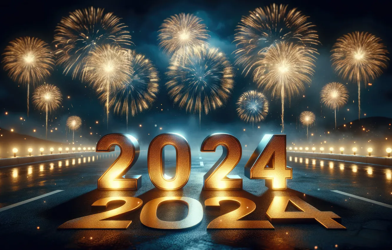 Photo wallpaper salute, figures, New year, golden, fireworks, decoration, numbers, New year