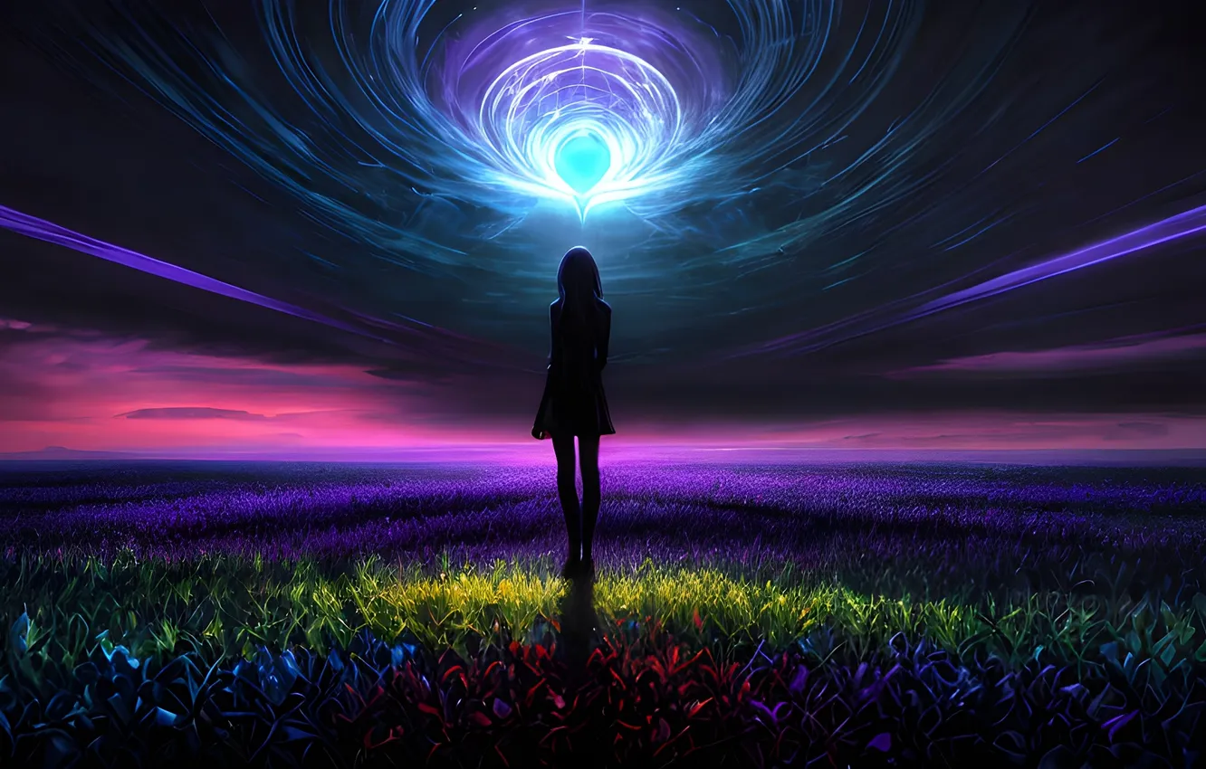 Photo wallpaper field, girl, lights, shadow, silhouette