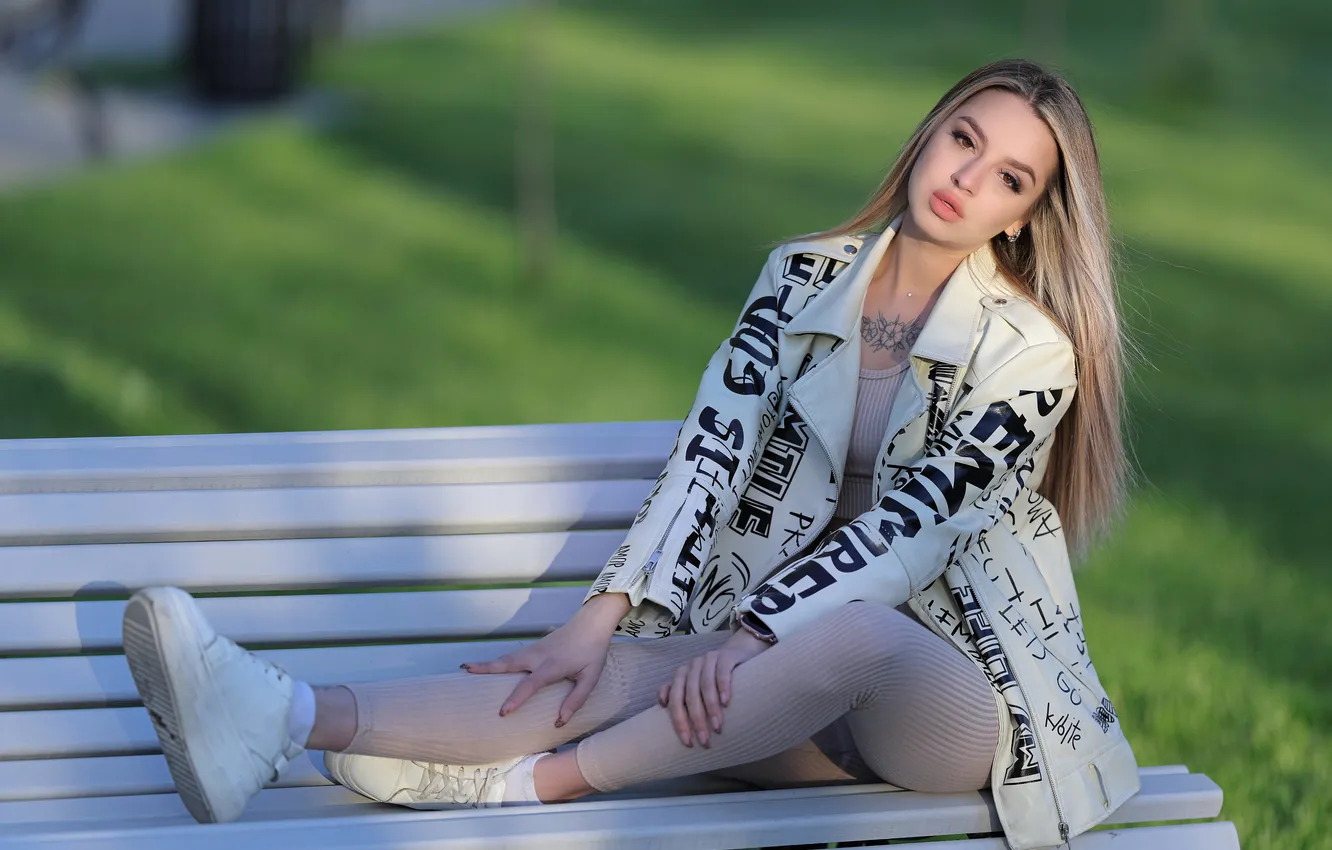 Photo wallpaper girl, bench, jacket, legs
