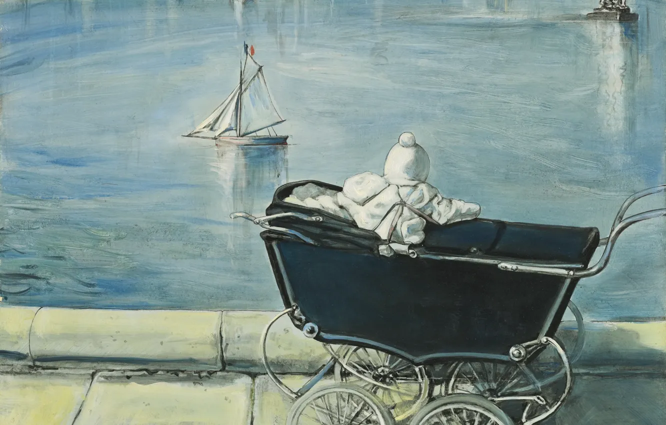 Photo wallpaper children, Paris, stroller, boat, 1954, Tsuguharu Foujita, The pond in the Luxembourg gardens