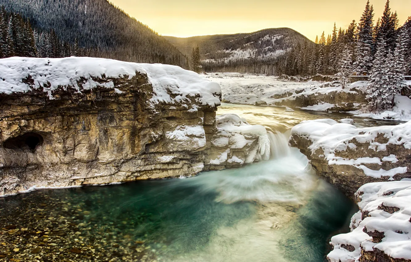 Photo wallpaper winter, forest, snow, mountains, nature, river, morning