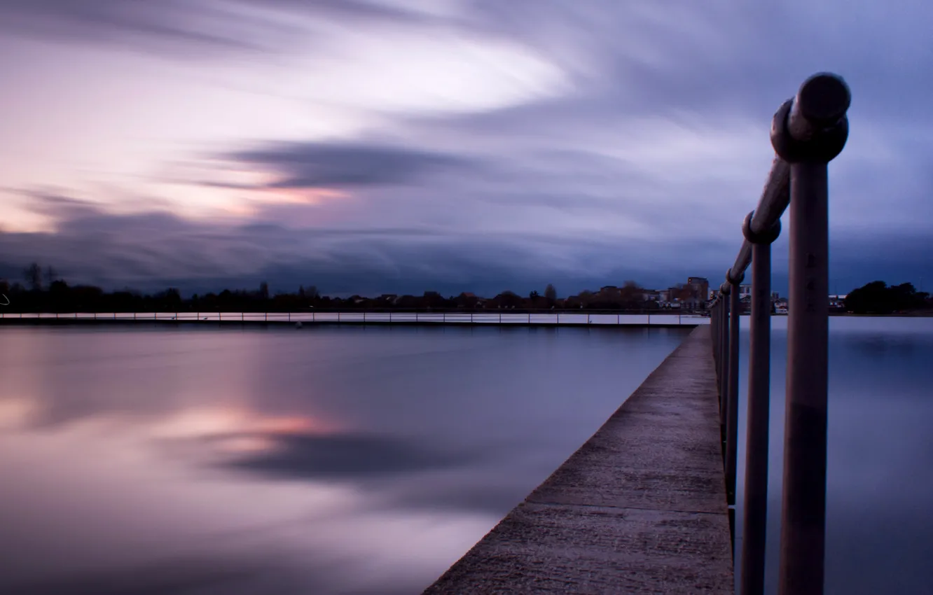 Photo wallpaper beach, the sky, water, sunset, clouds, the city, lake, surface
