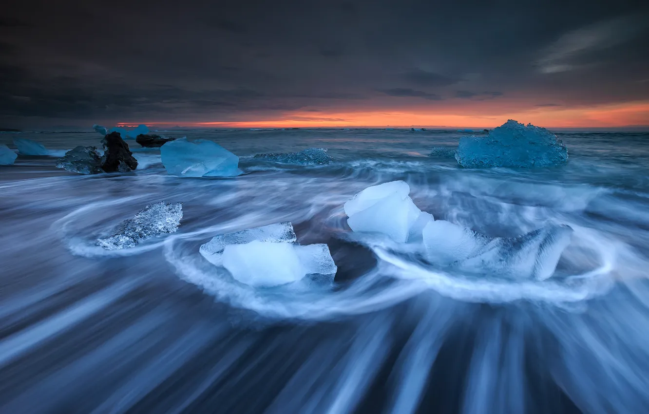 Photo wallpaper ice, sea, sunset
