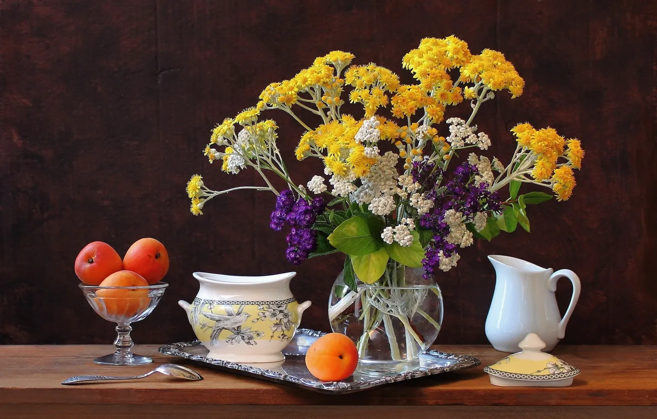 Photo wallpaper flowers, still life, tray, apricots, sugar bowl