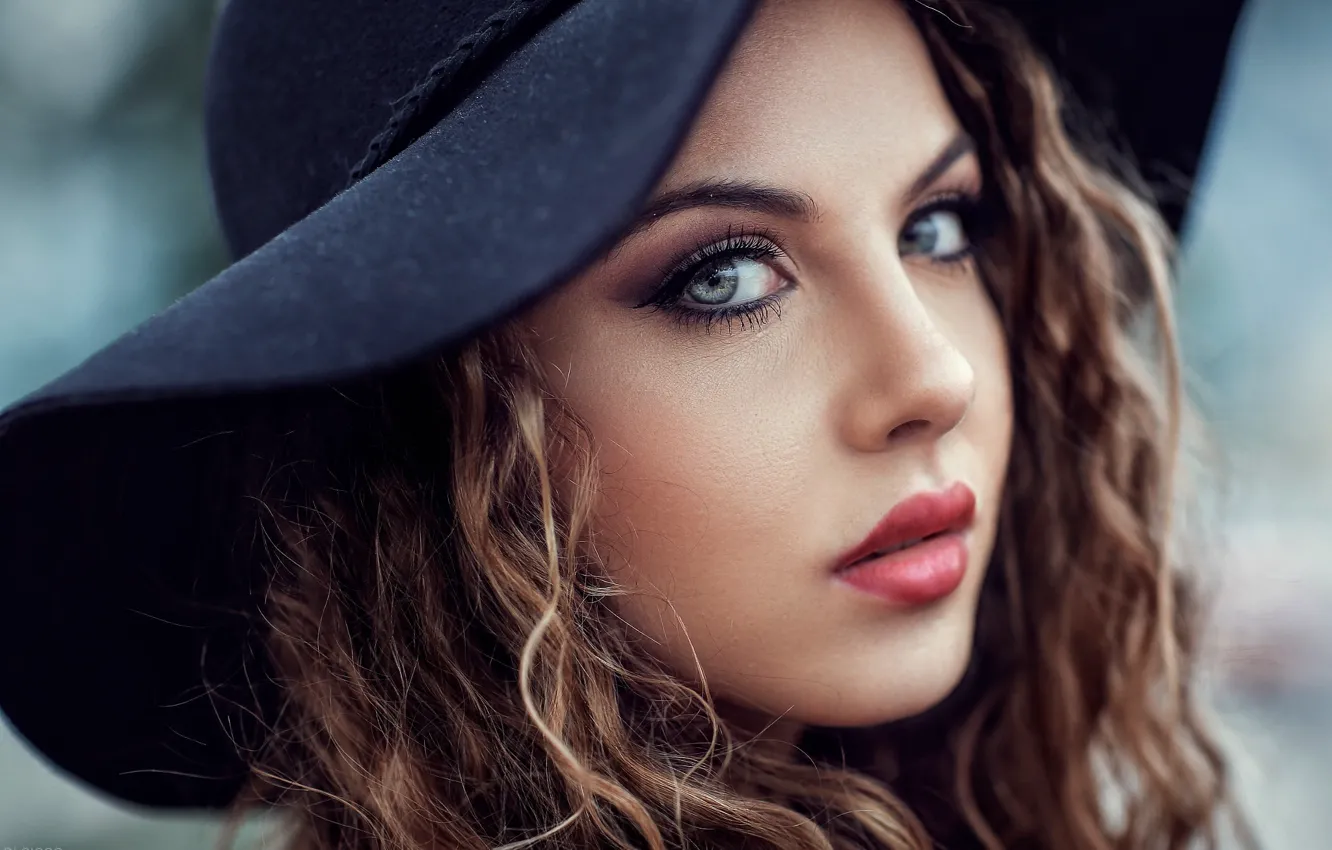 Photo wallpaper look, girl, close-up, face, portrait, hat, makeup, hairstyle