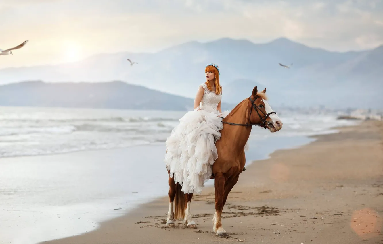 Photo wallpaper sea, girl, mood, horse, horse, seagulls, dress, Alessandro Di Cicco