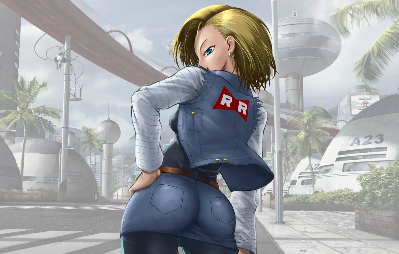Photo wallpaper city, ass, blue eyes, blonde, jacket, Dragon Ball Z, denim skirt, anime girl