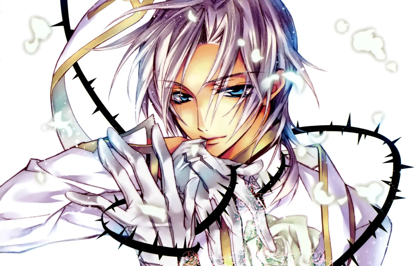 Photo wallpaper gloves, blue eyes, white rose, mitsuru tenjoh, Kiss of Rose Princess, stems with thorns, by …