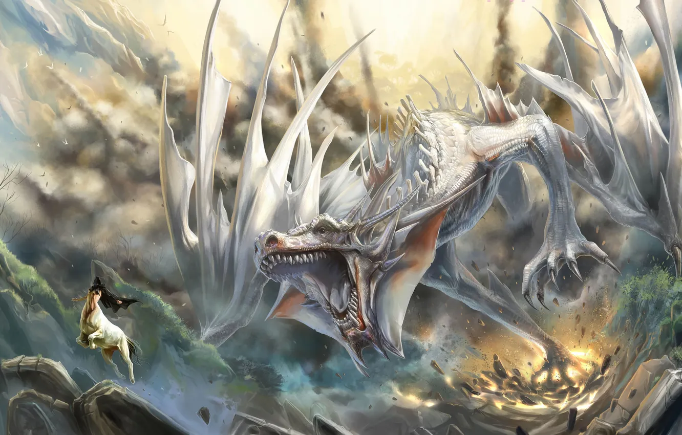 Photo wallpaper lights, rocks, jump, dragon, chase, art, mouth, centaur