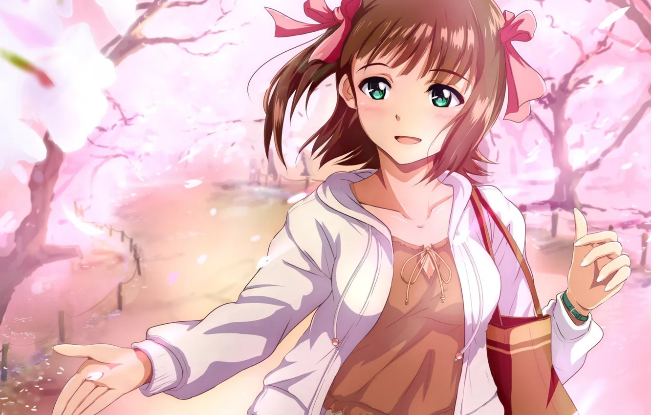 Photo wallpaper spring, petals, Sakura, art, girl, bag, walk, ponytail