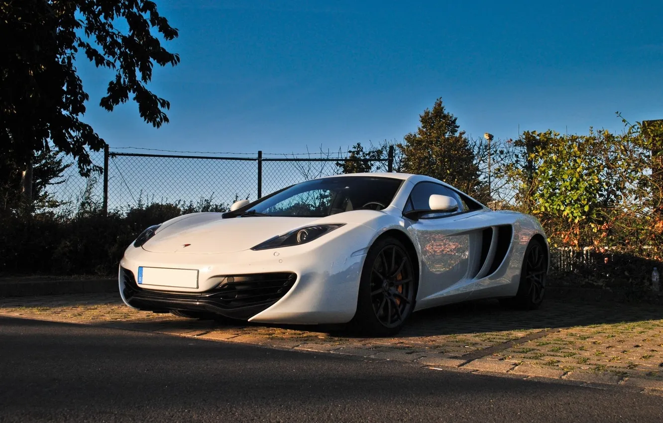 Photo wallpaper white, McLaren, the fence, white, front view, MP4-12C, McLaren