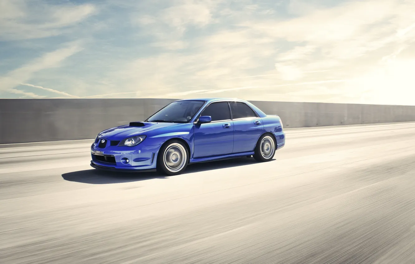 Photo wallpaper the sky, clouds, blue, speed, Subaru, Impreza, blur, highway