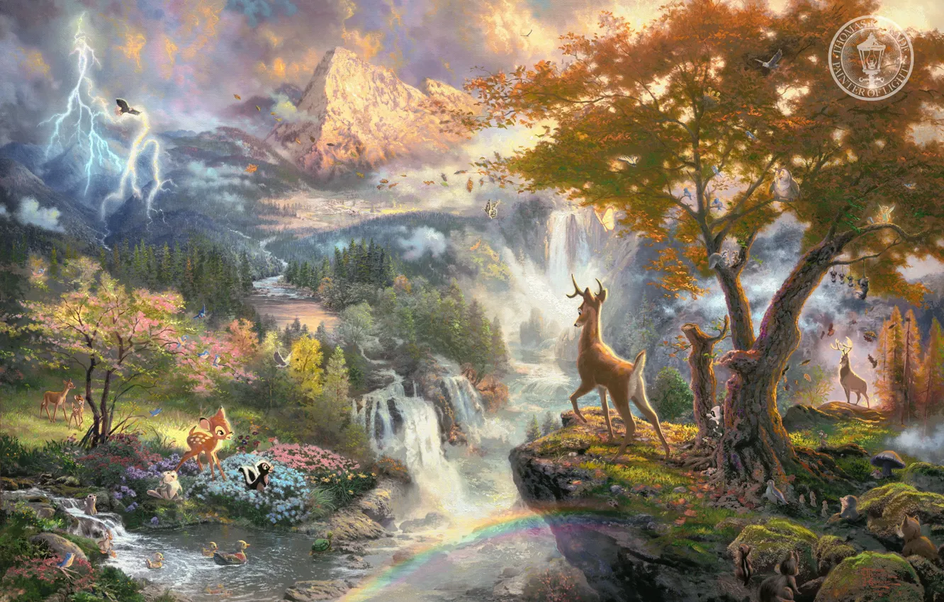 Photo wallpaper mountains, nature, river, animal, bird, cartoon, waterfall, Bambi