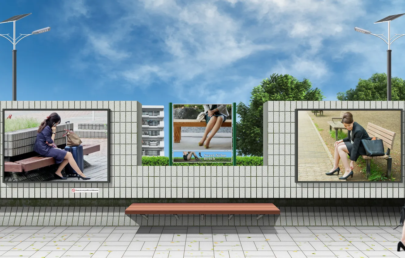 Photo wallpaper park, bench, Business woman, nylon stockings, office lady, office girl