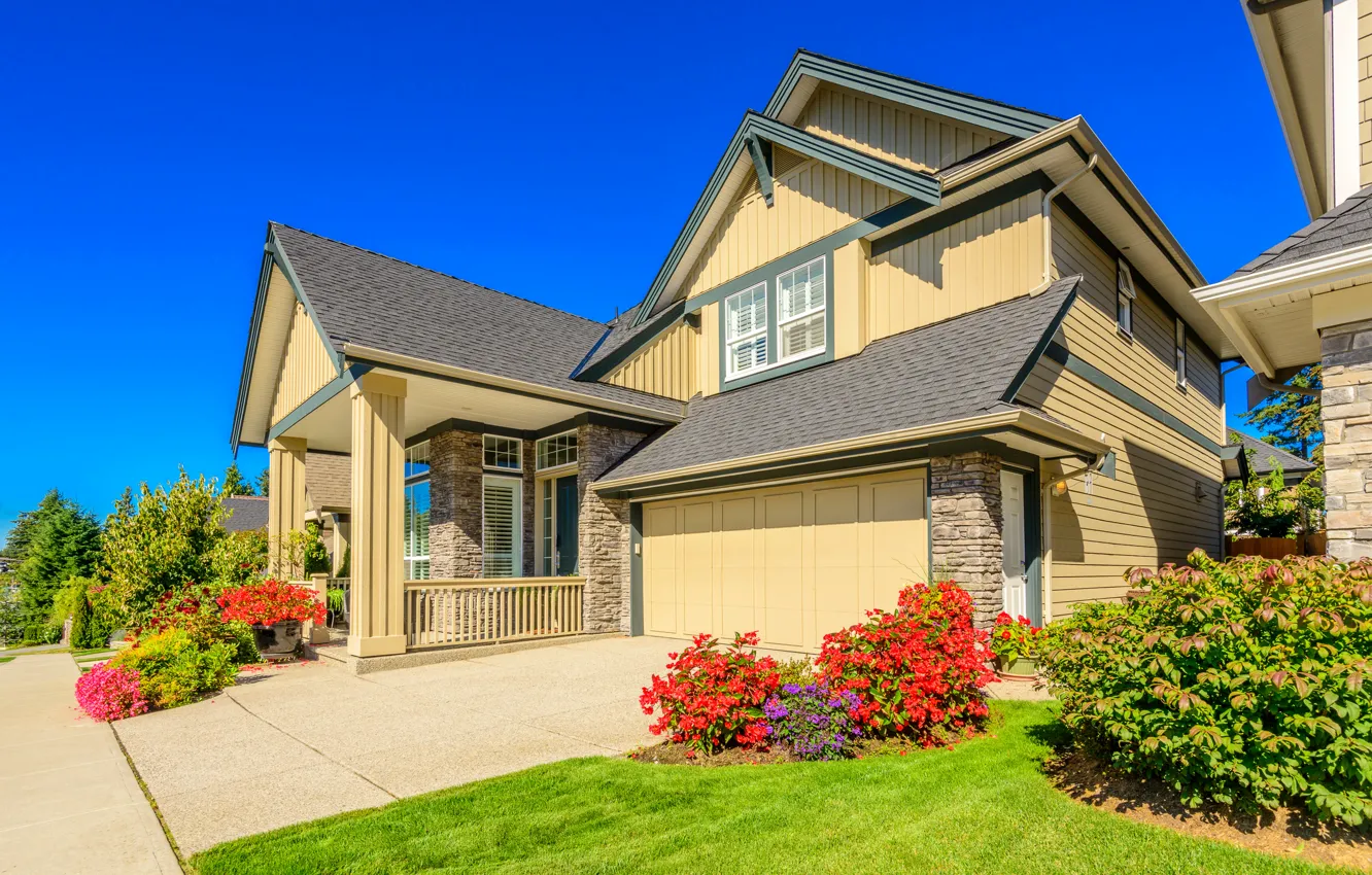 Photo wallpaper grass, flowers, design, lawn, home, Sunny, mansion, the bushes