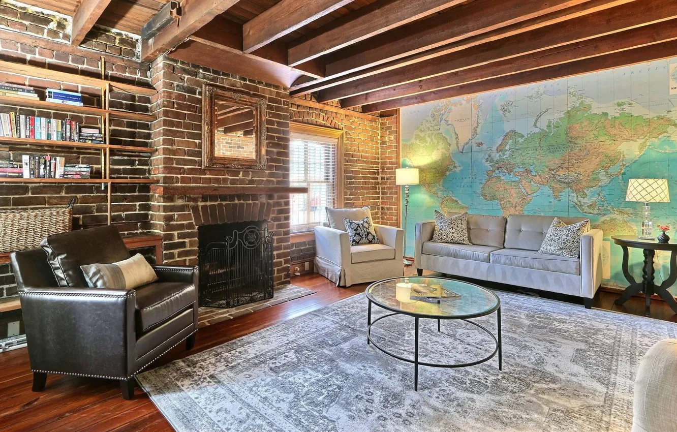 Photo wallpaper design, interior, fireplace, library, world map, living room, loft, industrial style