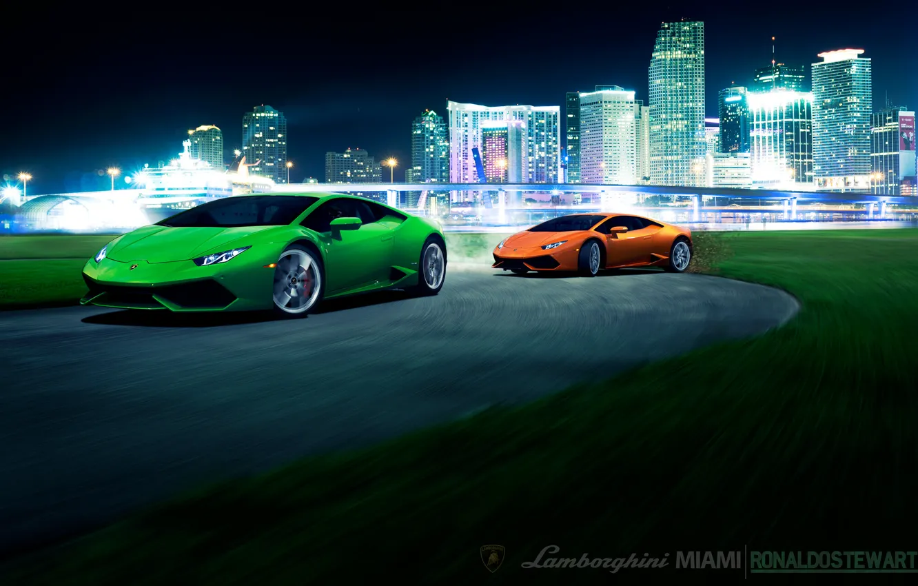 Photo wallpaper bridge, city, the city, green, speed, Lamborghini, turn, front