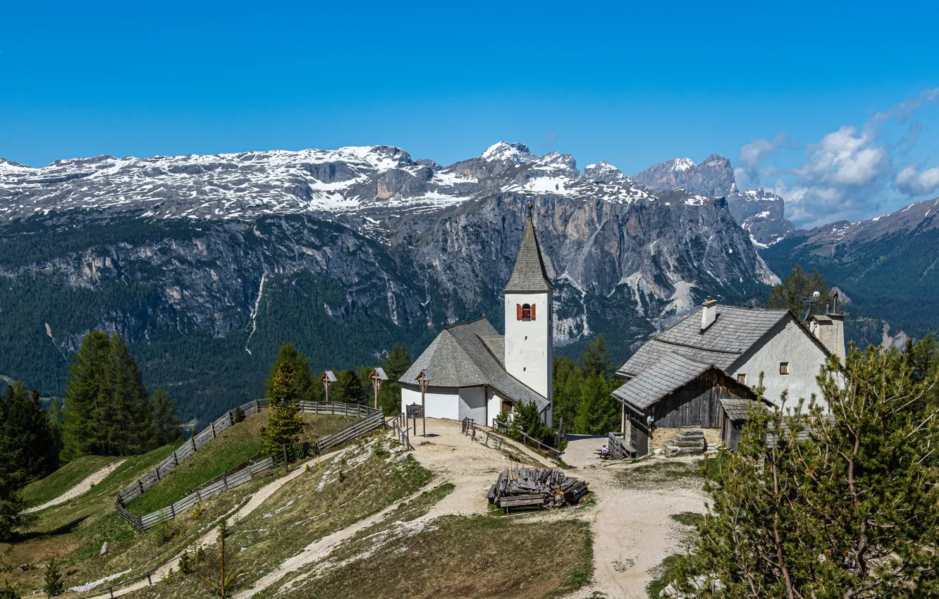 Photo wallpaper landscape, mountains, nature, home, Italy, Church, The Dolomites, Alta Badia