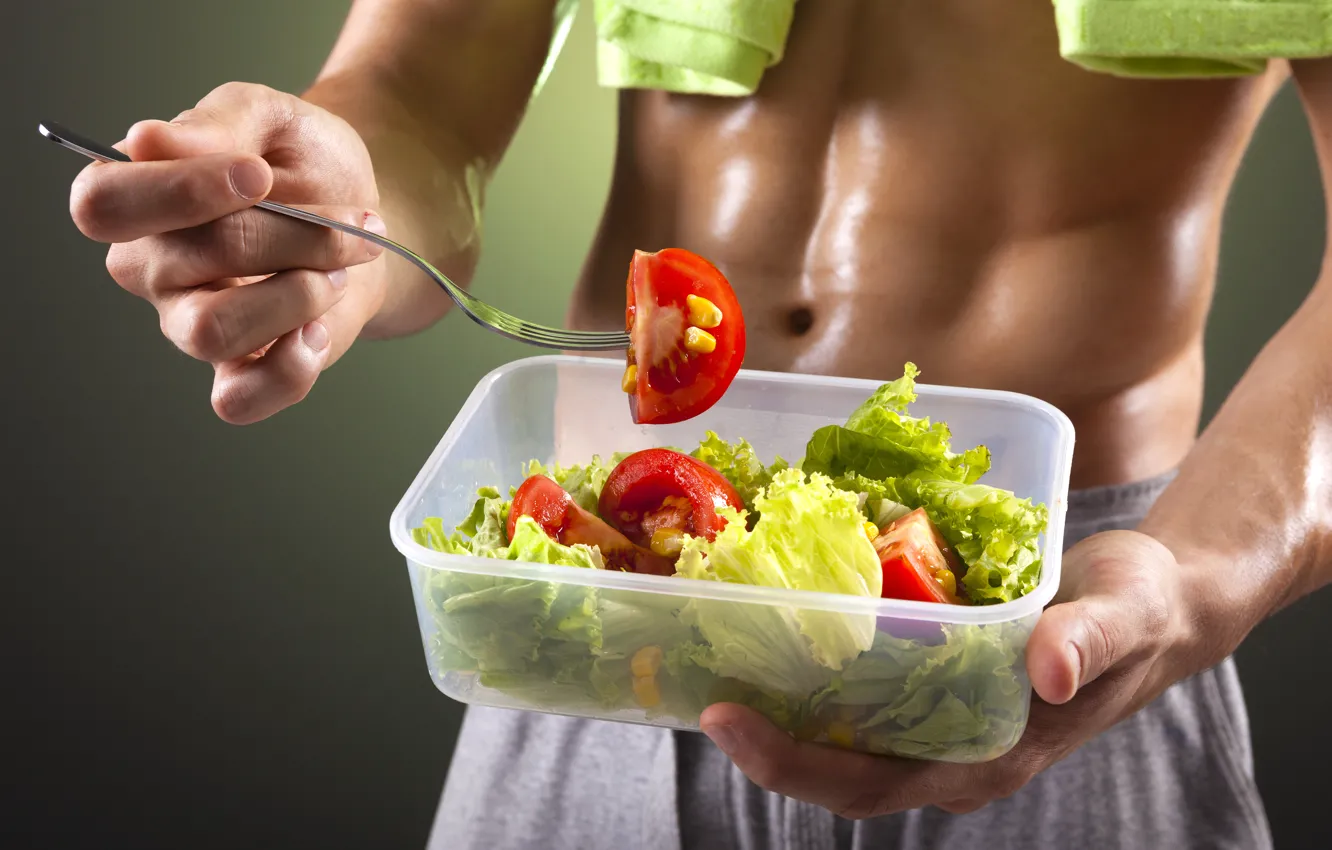 Photo wallpaper fork, vegetables, abs, perspiration, healthy food