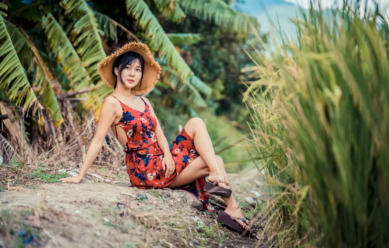 Photo wallpaper hat, dress, legs, Asian