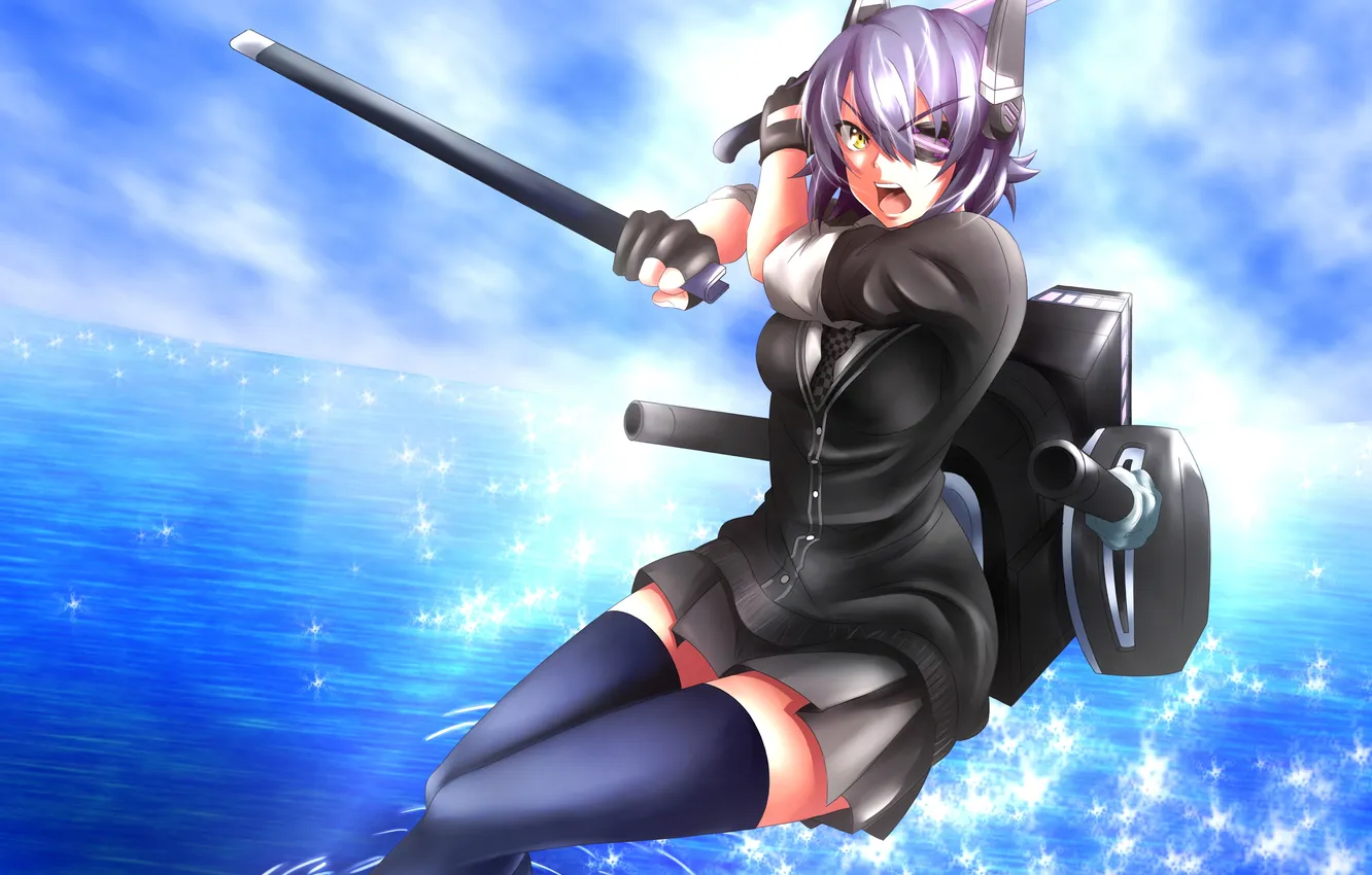 Photo wallpaper sea, look, girl, weapons, anger, headband, gesture, art