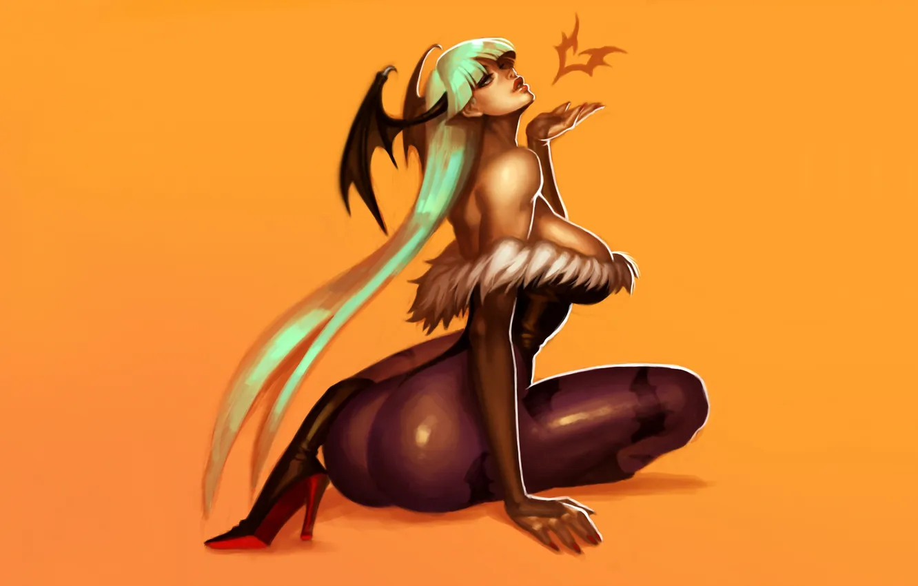 Photo wallpaper girl, wings, minimalism, Morrigan, kiss, Darkstalkers