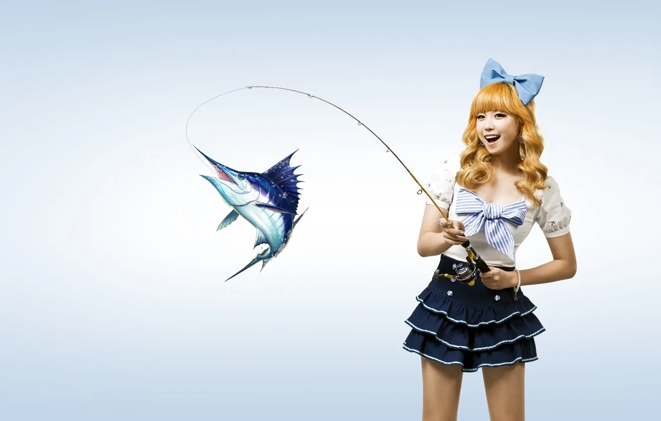 Photo wallpaper girl, smile, background, Japanese, fishing, skirt, fish, hands