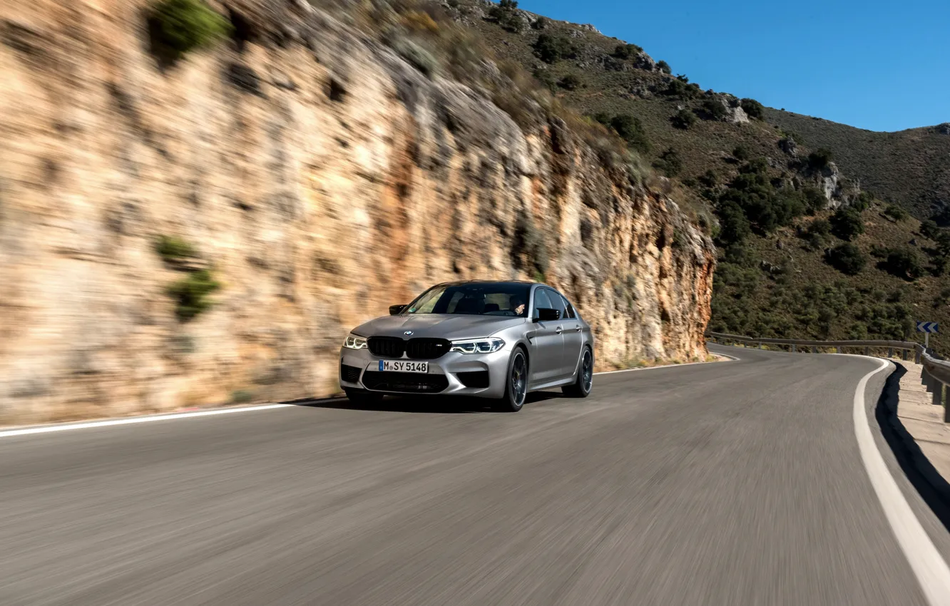 Photo wallpaper road, asphalt, mountains, grey, movement, BMW, sedan, 4x4