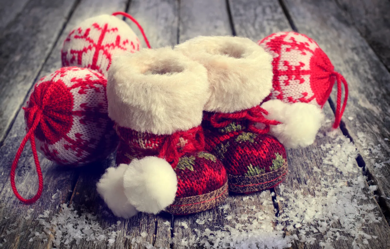 Photo wallpaper snow, decoration, balls, toys, wool, New Year, Christmas, boots