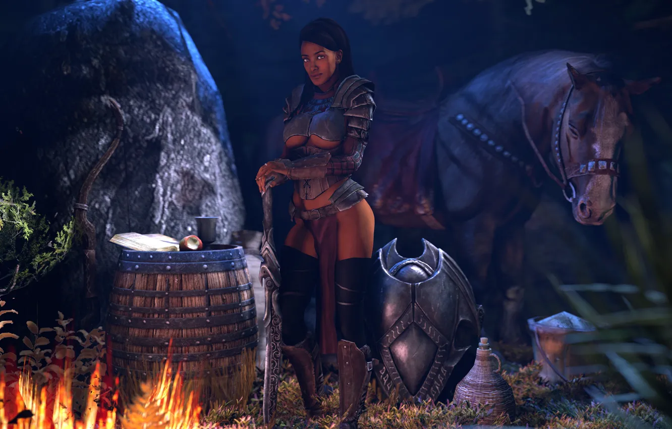 Photo wallpaper girl, night, rendering, fire, horse, sword, barrel, skyrim