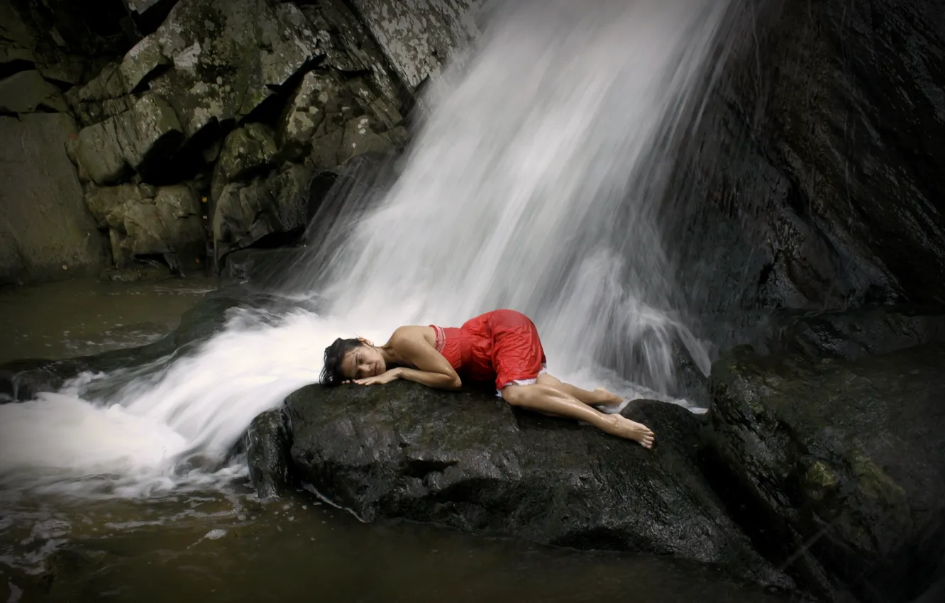 Photo wallpaper girl, waterfall, the situation