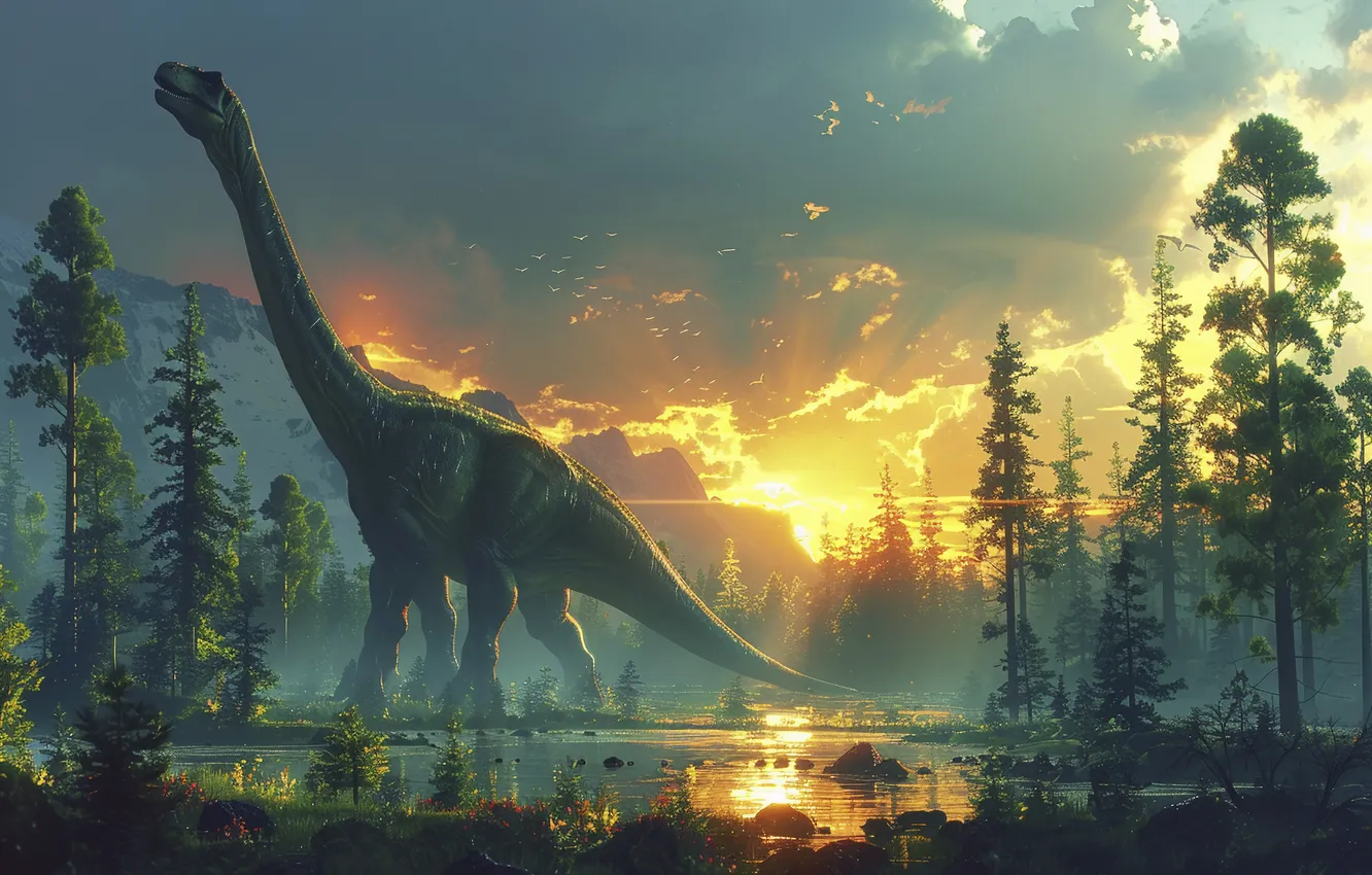 Photo wallpaper water, clouds, trees, lake, animal, dawn, dinosaur, digital art