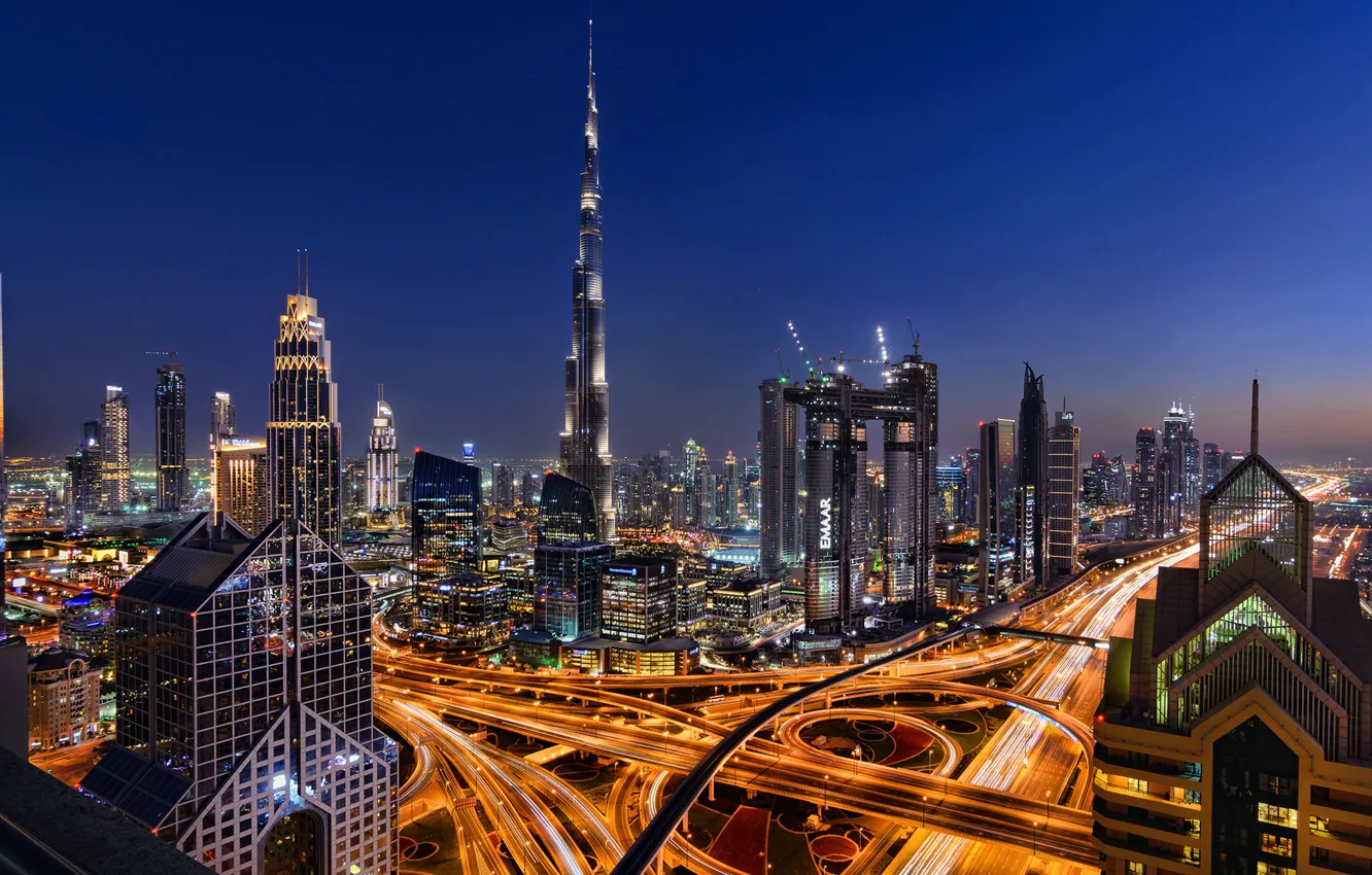 Photo wallpaper night, the city, lights, road, home, Dubai, skyscrapers, the view from the top