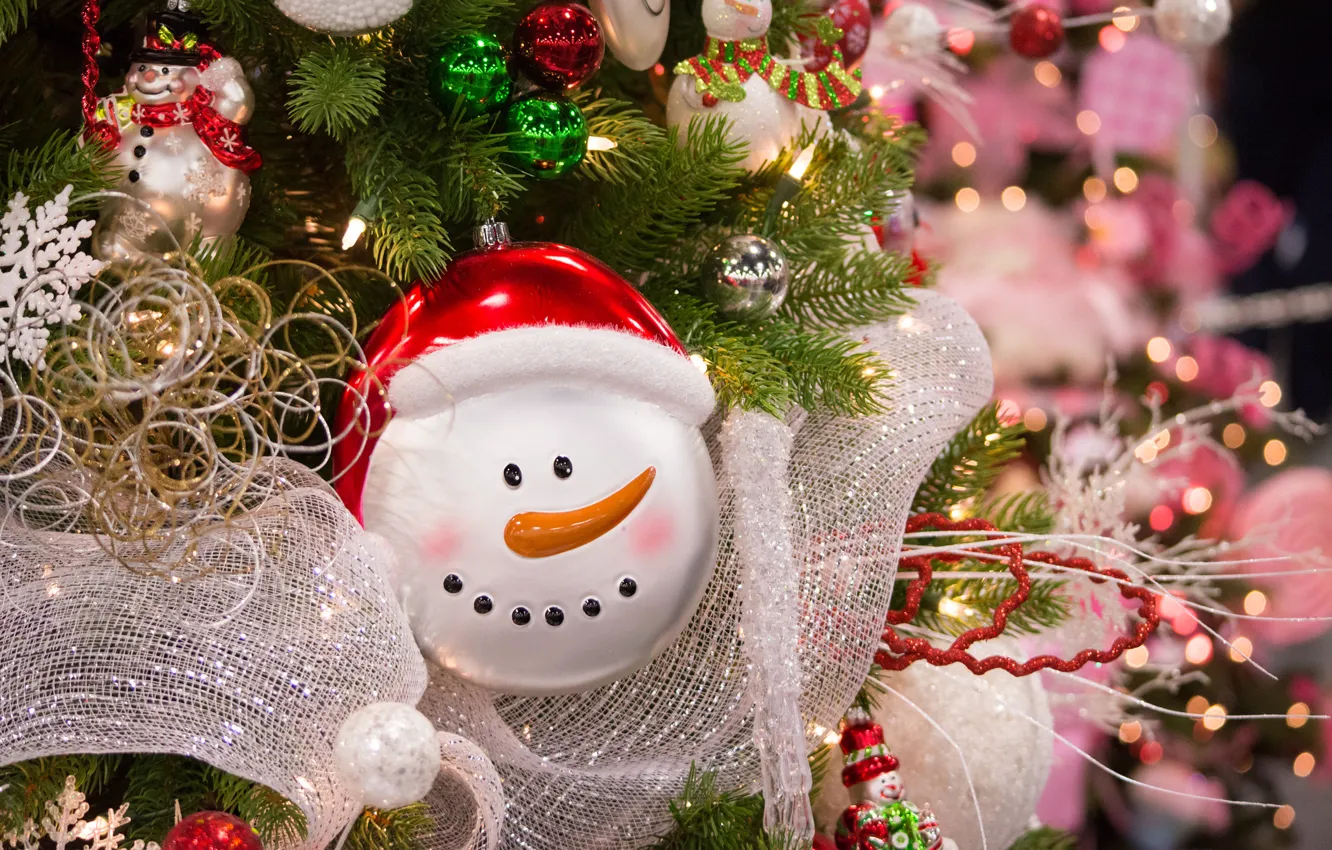 Photo wallpaper decoration, toy, tree, snowman, tinsel