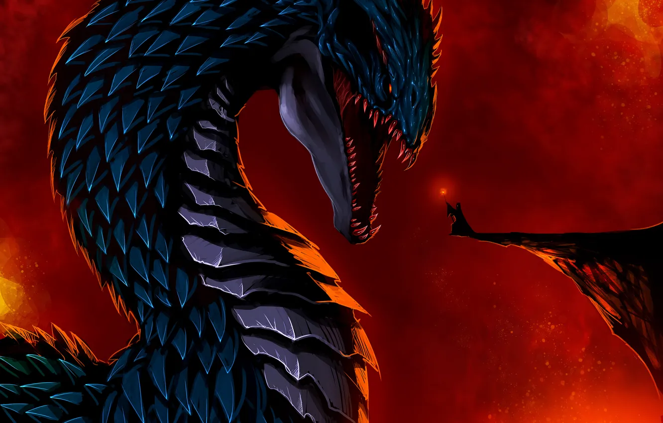 Photo wallpaper look, fiction, rocks, dragon, people, art, staff